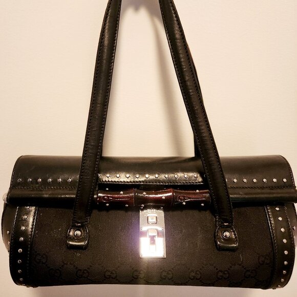 Authentic Gucci Monogram Bullet Satchel Handbag with Bamboo Accent & Dust Bag - Picture 1 of 16